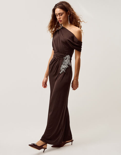 Trina Asymmetrical Embellished Jersey Maxi Dress, Brown (CHOCOLATE), large