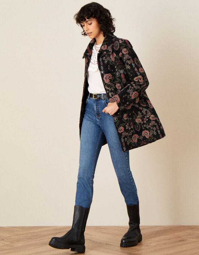 Jackie Floral Jacquard Coat, Black (BLACK), large