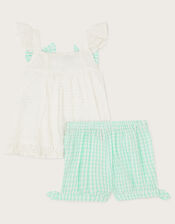 Baby Check Broderie Vest and Shorts Set, Green (GREEN), large