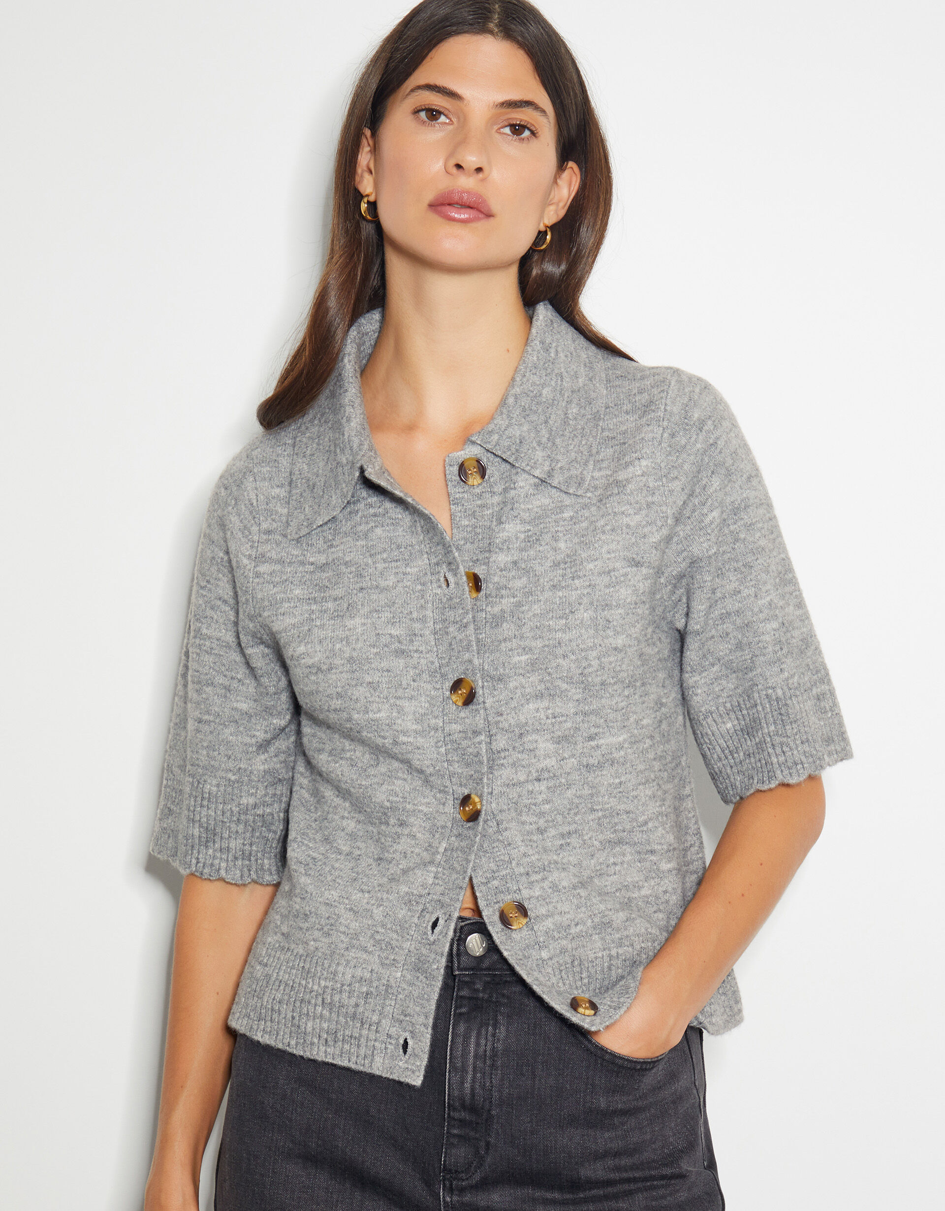Cindy Short Sleeve Collar Cardigan Grey