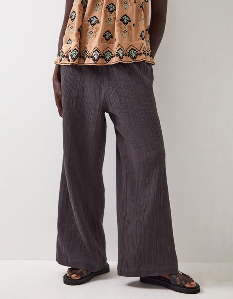 East Stephanie Crinkled Cotton Trousers, Grey (CHARCOAL), large