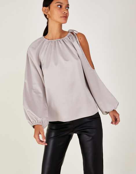 Claudette Satin Cold Shoulder Top, Ivory (IVORY), large