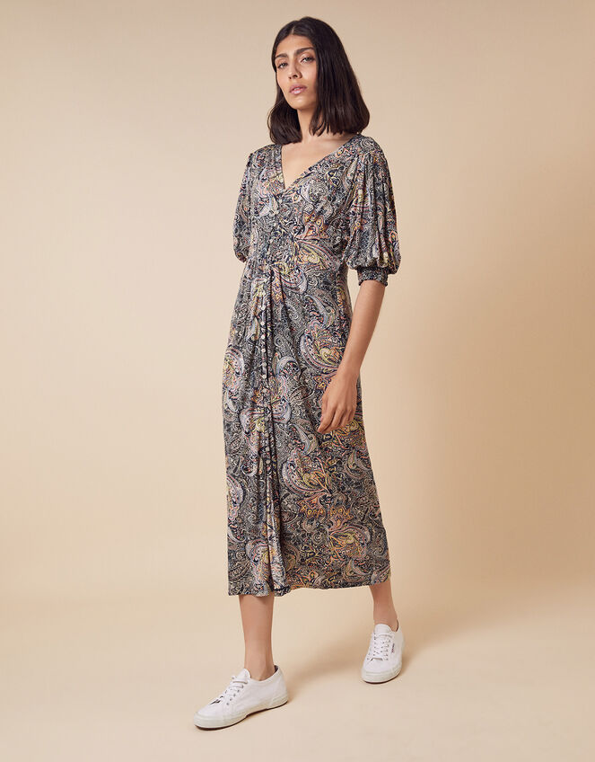 Paisley Jersey Midi Dress in Sustainable Viscose, Blue (NAVY), large