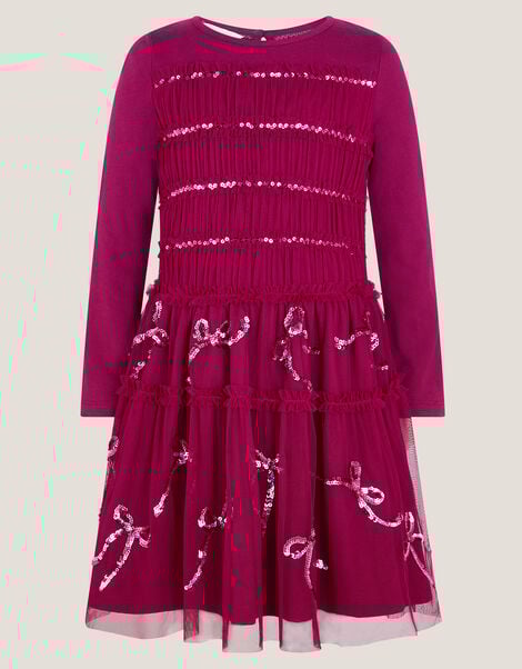 Bow Embellished Jersey Tulle Dress, Red (RED), large