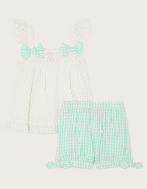 Baby Check Broderie Vest and Shorts Set, Green (GREEN), large