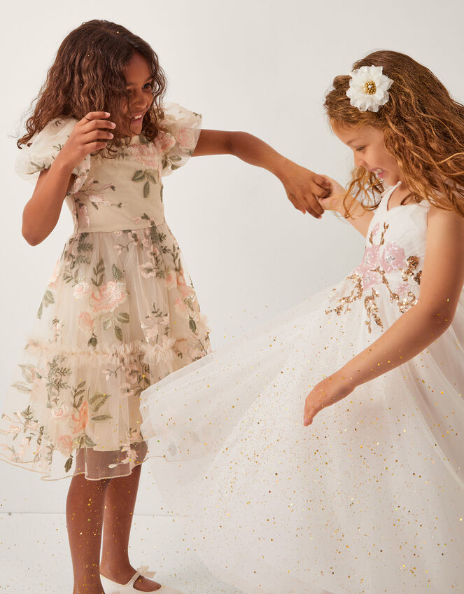 Azalea Puff Sleeve Embroidered Dress, White (WARM IVORY), large