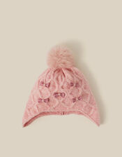 Bow Cable Knit Trapper Hat, Pink (PINK), large