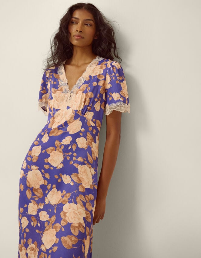 Lori Lace Floral Satin Midi Dress, Blue (BLUE), large