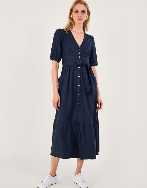 Cutwork Detail Tiered Dress in Linen Blend, Blue (NAVY), large