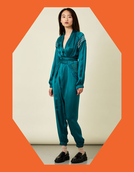 Tallulah and Hope Embroidered Satin Wrap Jumpsuit, Green (GREEN), large
