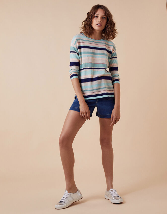 Stripe Lightweight Jumper in Linen Blend, Blue (AQUA), large