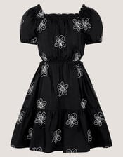 Puff Sleeve Floral Embroidered Dress, Black (BLACK), large