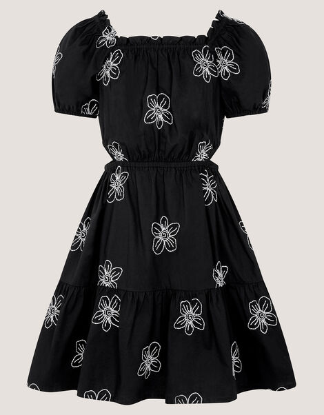 Puff Sleeve Floral Embroidered Dress, Black (BLACK), large
