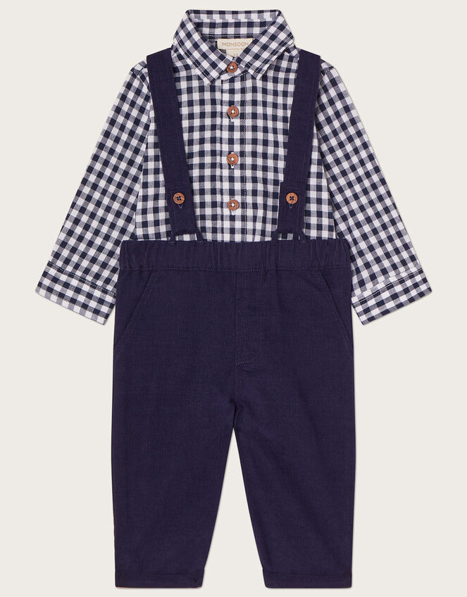 Newborn David Dungaree and Gingham Shirt Set, Blue (NAVY), large