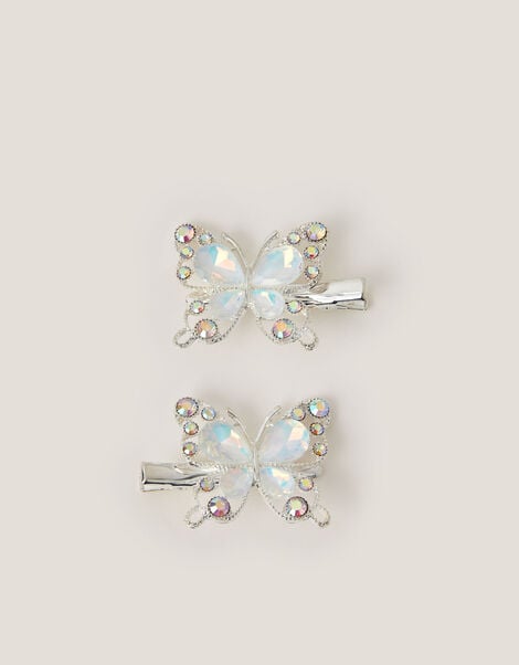 2-Pack Gemstone Butterfly Hair Clips, Silver (SILVER), large