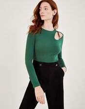 Beaded Cut-Out Detail Jersey Top, Green (KHAKI), large