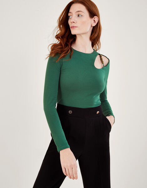 Beaded Cut-Out Detail Jersey Top, Green (KHAKI), large