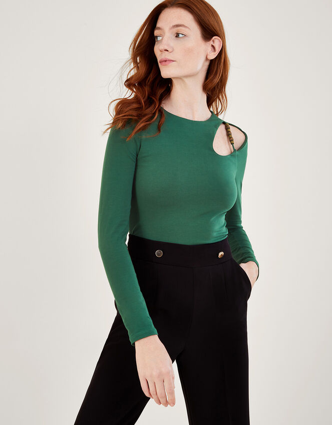 Beaded Cut-Out Detail Jersey Top, Green (KHAKI), large
