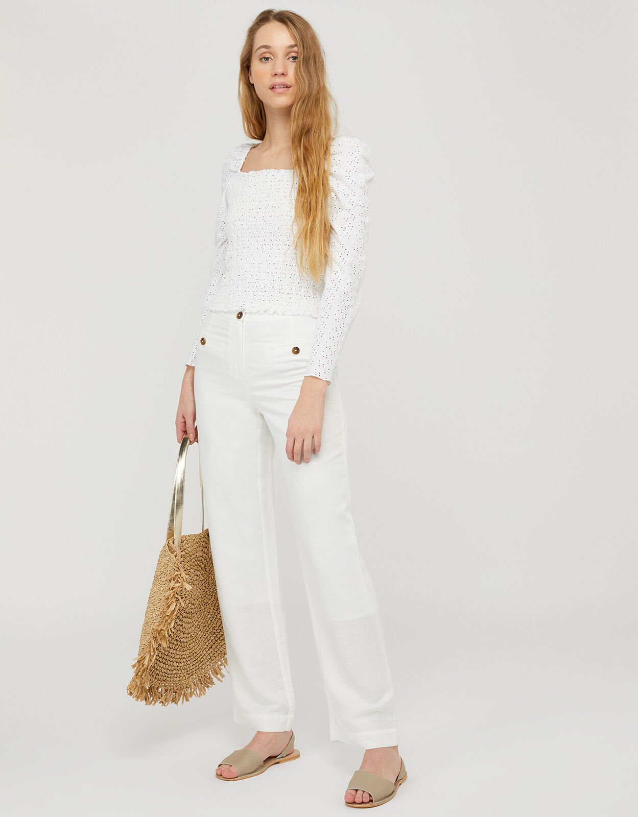 Charlotte Short Length Trousers in Linen Blend White Trousers Leggings Monsoon Global
