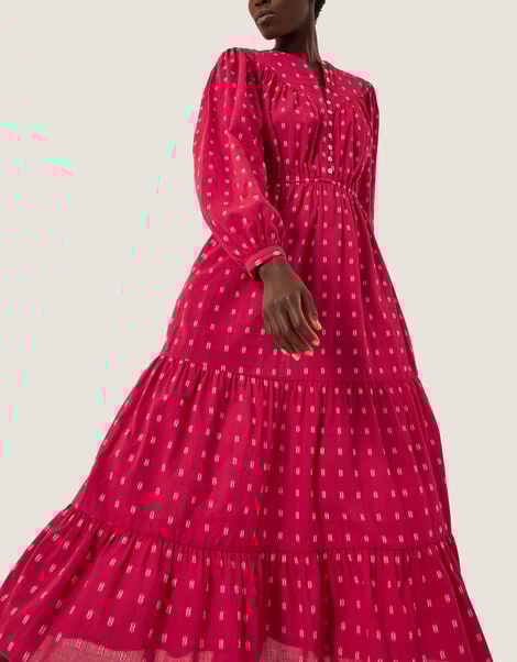 Poppy Long Sleeve Tiered Midi Dress, Red (RED), large