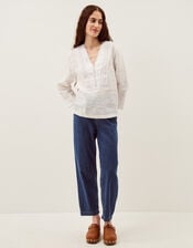 Jayla V-Neck Lace Linen Blouse, White (WHITE), large