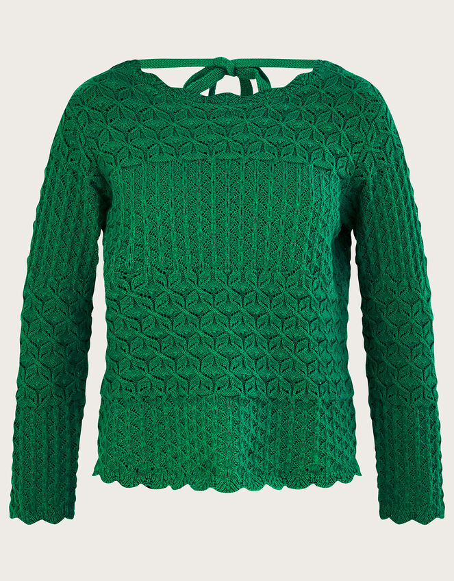 Pointelle Stitch Sweater with Tie Back in Sustainable Cotton, Green (GREEN), large