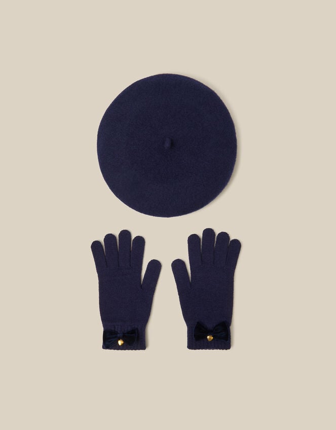 Velvet Bow Wool Beret & Gloves Set, Blue (NAVY), large