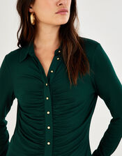 Button Through Ruched Jersey Shirt, Green (GREEN), large