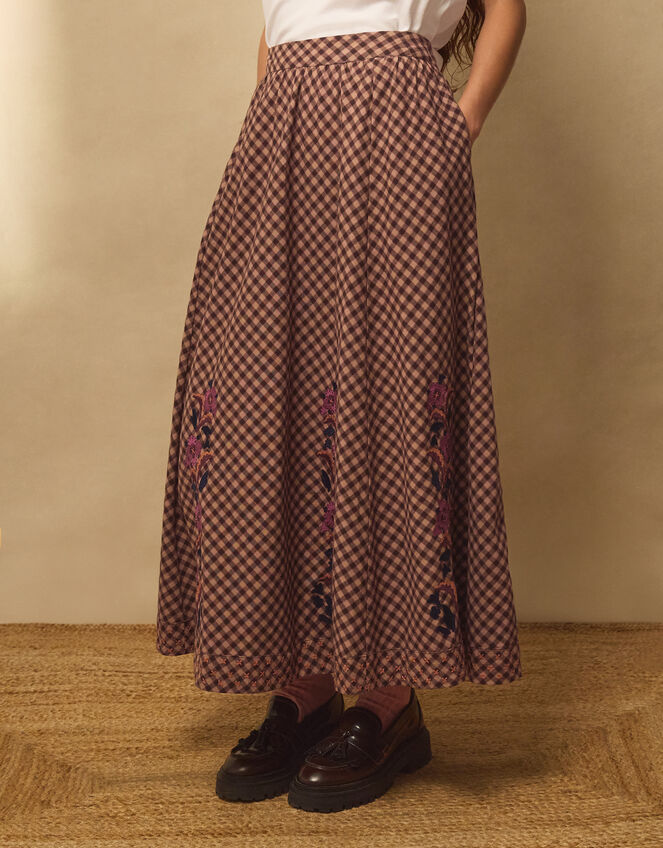 East Freya Embroidered Check Maxi Skirt, Brown (BROWN), large
