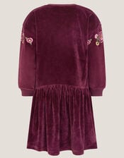 Butterfly Embellished Velour Dress, Red (BURGUNDY), large