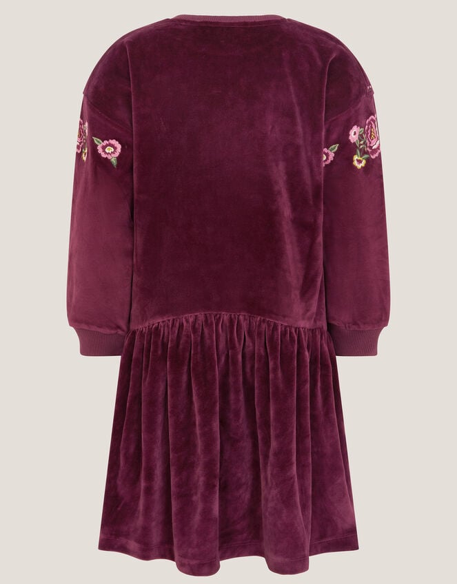 Butterfly Embellished Velour Dress, Red (BURGUNDY), large