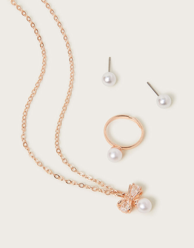 Pearl Bow Pendant Jewellery Set, Gold (ROSE GOLD), large