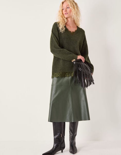 Leanne Lace V-Neck Jumper, Green (KHAKI), large