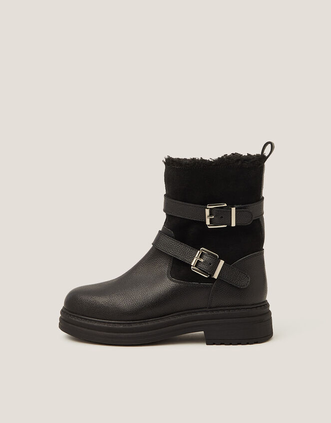 Leya Shearling Leather Biker Boots, Black (BLACK), large