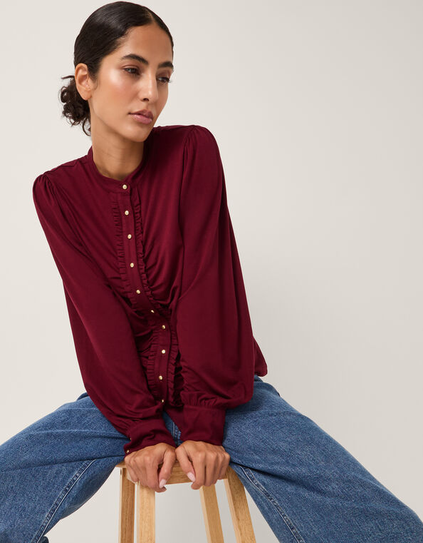 Jayne Ruched Frill Jersey Blouse, Red (BURGUNDY), large