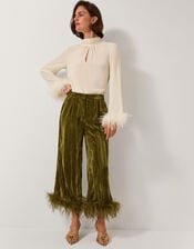 Olivia Feather Cuff Velvet Pants, Green (OLIVE), large