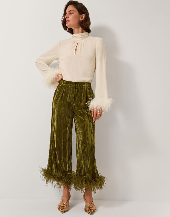 Olivia Feather Cuff Velvet Pants, Green (OLIVE), large
