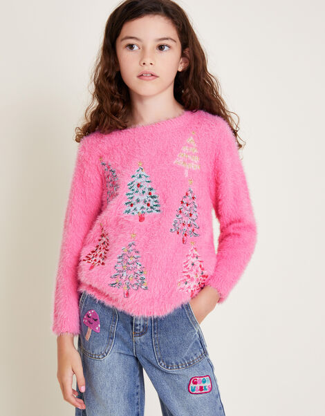 Embroidered Christmas Tree Jumper, Pink (PINK), large