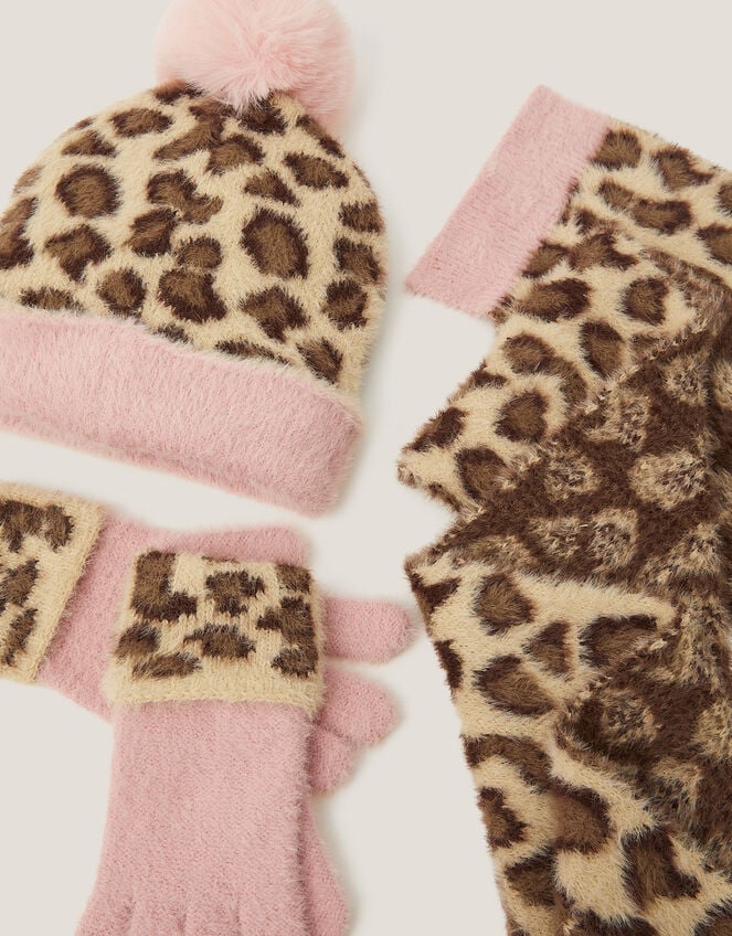 Leopard Print Hat Scarf & Gloves Set, Multi (MULTI), large