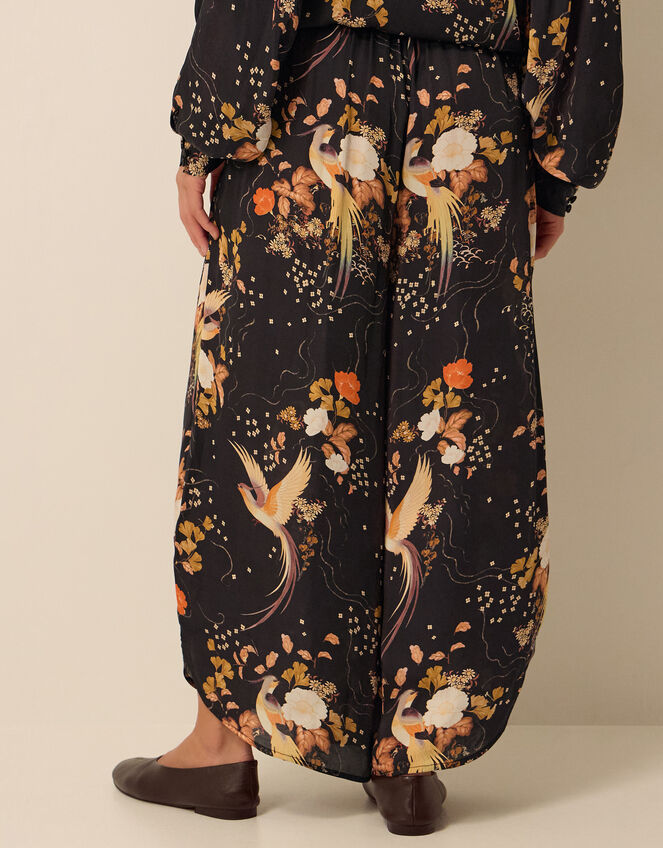 Clemence Seraphine Floral Print Satin Wide Leg Trousers, Black (BLACK), large