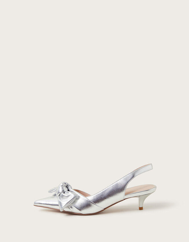 Bronte Metallic Bow Slingback Kitten Heels, Silver (SILVER), large