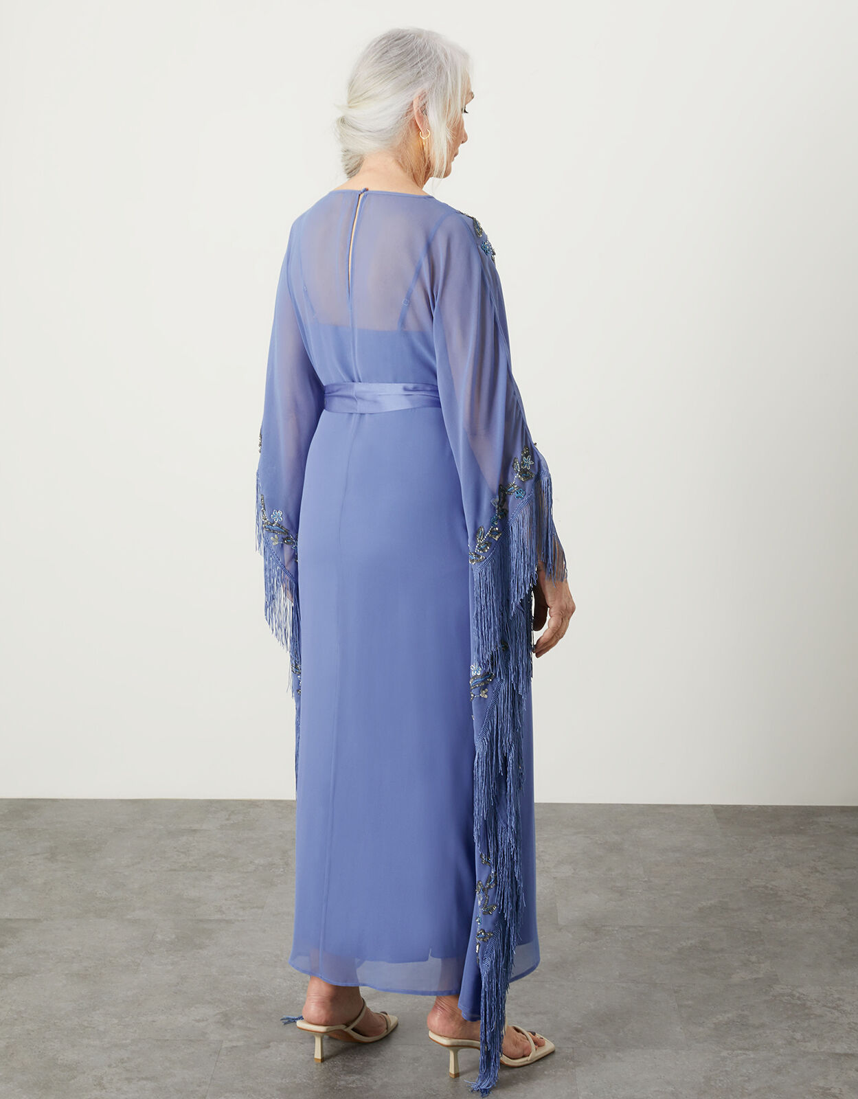 Emma Embellished Fringe Kaftan Dress in Recycled Polyester Blue