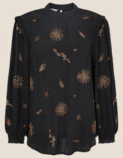 Star Embellished Blouse in Sustainable Viscose, Black (BLACK), large
