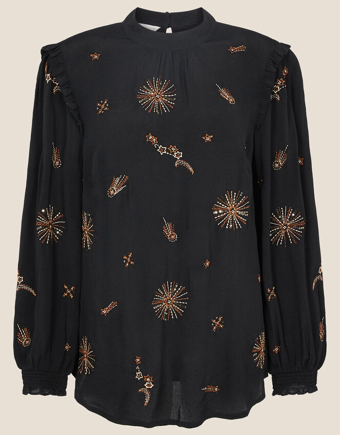 Star Embellished Blouse in Sustainable Viscose, Black (BLACK), large
