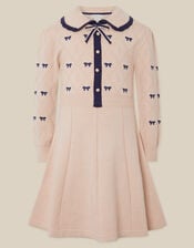 Bow Embroidered Collar Knitted Dress, Camel (OATMEAL), large
