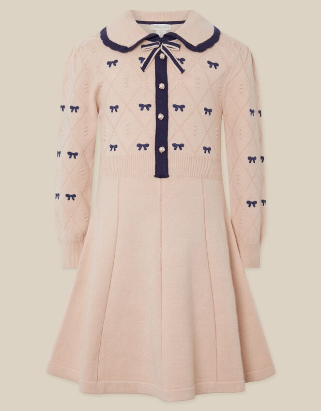 Bow Embroidered Collar Knitted Dress, Camel (OATMEAL), large