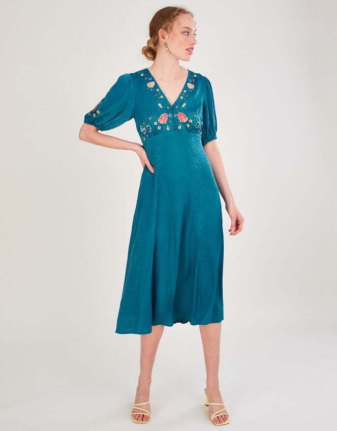 Juliette Embroidered Jacquard Midi Dress in Recycled Polyester, Teal (TEAL), large