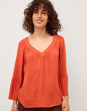 Kallie Flute Sleeve Dobby Blouse, Orange (ORANGE), large