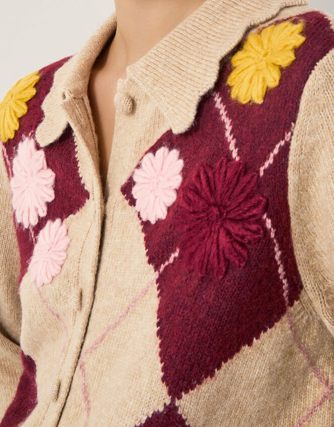 Ami Floral Argyle Collar Cardigan, Natural (NATURAL), large