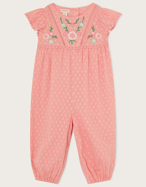 Baby Dobby Embroidered Floral Romper, Pink (PINK), large